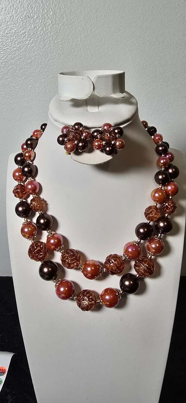#218 — Double Strand Beaded Necklace & Clip-On Earring Set — Vintage